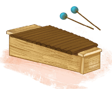 Imagem: Um xilofone, instrumento de cor bege com tubos finos na horizontal em marrom-escuro um ao lado do outro. Na parte superior, duas baquetas com ponta superior redonda em azul.  Fim da imagem.