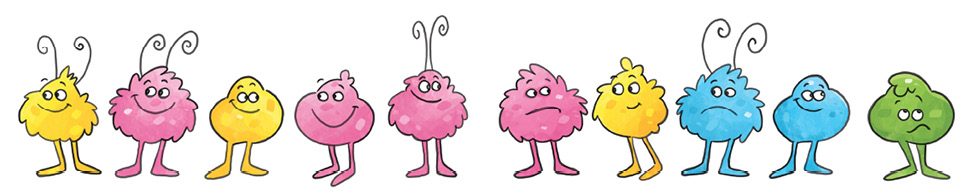 Imagem: Ilustração. Dez bichinhos um do lado do outros, todos com duas patas na vertical, na parte inferior do corpo, olhos e boca: 1-	Bichinho de cor amarela com o corpo peludo, com um par de antenas. 2-	Bichinho de cor rosa com o corpo peludo, com um par de antenas. 3-	Bichinho de cor amarela com o corpo liso, sem antenas. 4-	Bichinho de cor rosa com o corpo liso com pelos na parte superior. 5-	Bichinho de cor rosa com o corpo peludo com um par de antenas para vertical.  6-	Bichinho de cor rosa com o corpo peludo. 7-	Bichinho de cor amarela com o corpo peludo. 8-	Bichinho de cor azul-claro com par de antenas na vertical de corpo peludo. 9-	Bichinho de cor azul-claro com o corpo liso sem antenas. 10-	Bichinho de cor verde com cabelos pequenos na parte superior, de cor liso.   Fim da imagem.