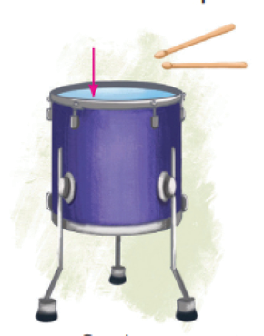 Imagem: Um Surdo, instrumento sobre pedestal de formato arredondado em azul-escuro, com parte superior em azul-claro, com duas baquetas em bege perto. Uma seta indica a parte superior azul-claro.  Fim da imagem.