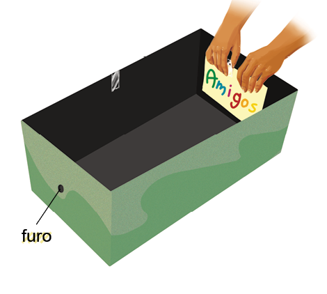 Imagem: Na parte superior, caixa de cor verde, sem tampa, com um pequeno furo à esquerda. Dentro da caixa à direita, mãos de uma pessoa morena colocando folha de cor bege-claro onde está escrito em letras coloridas : Amigos.  Fim da imagem.