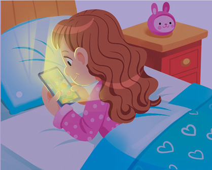 Imagem: Ilustração. Uma menina sobre cama, com coberta e travesseiro de cor azul. Ela está com barriga para baixo, de cabelos longos e franja em castanho, com pijama de blusa de mangas compridas em rosa, segurando nas mãos um celular cinza com luz amarela que sai dele. À direita, mobília de cor marrom com parte inferior em vermelho e um objeto com formato de um coelho rosa acima.  Fim da imagem.