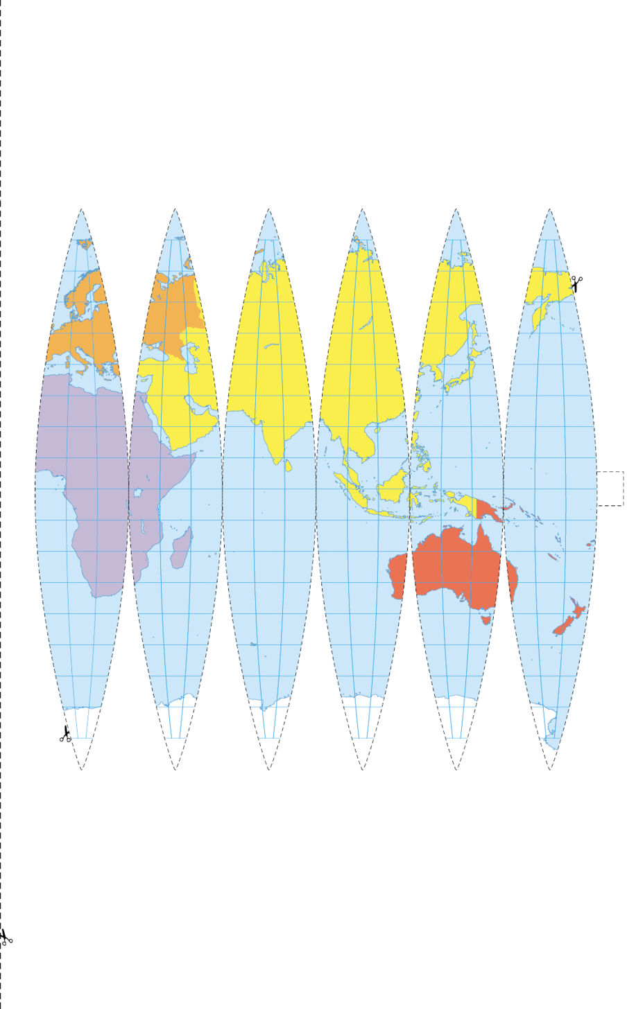 Imagem: Ilustração. Seis moldes na vertical, com pontas finas nas extremidades, com ilustração de partes dos oceanos e da África, Europa, Ásia e Oceania. Na parte inferior, norte do polo sul. Cada molde tem linha pontilhada para recorte.  Fim da imagem.