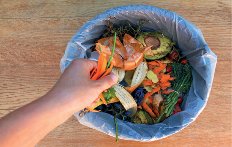 Imagem: Fotografia. De cima para baixo, mão de uma pessoa de pele clara, jogando restos de vegetais em uma lixeira redonda com sacola plástica dentro, já com restos de alimentos.  Fim da imagem.