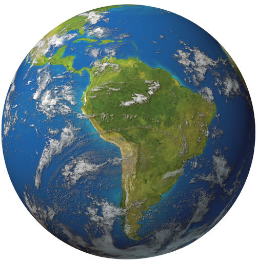 Imagem: Fotografia. Esfera terrestre com os oceanos em azul-escuro, continentes em verde, ao centro, América do Sul. Sobre os continentes e oceano, nuvens brancas esparsas.  Fim da imagem.