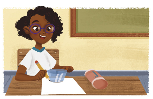 Imagem: Ilustração. Uma menina negra, de cabelos pretos, curtos, com óculos redondos em roxo, com camiseta branca com gola azul. Ela está sentada de frente para mesa de cor marrom, com lápis amarelo na mão esquerda, contornando uma vasilha de cor azul-claro redondo, sobre folha branca. À direita, estojo de cor rosa-claro. Ao fundo, lousa vista parcialmente de cor verde, com contorno marrom.  Fim da imagem.