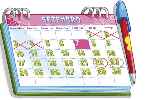 Imagem: Ilustração. Um calendário de setembro de folha branca, na parte superior em rosa com letras em branco e azul, com números em verde. Sobre alguns deles, um x vermelho sobre os dias: 1,2, 3, 4 e dois números arredondados em vermelho : 22, 23. O número sete está dentro de quadrado todo pintado em rosa. À direita do calendário, uma caneta vermelha na vertical com tampa azul-claro, acima.  Fim da imagem.