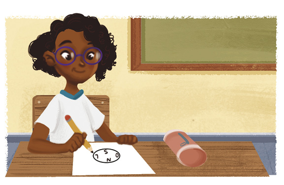 Imagem: Ilustração. A mesma menina descrita anteriormente, com lápis amarelo na mão esquerda, sobre folha branca, com círculo preto e siglas de direções : N, O, S, L. Fim da imagem.
