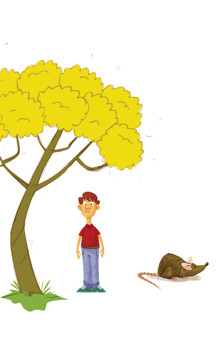 Imagem: Uma árvore de tronco marrom, folhas de cor amarela na parte superior, sobre local com grama e à direita, um homem de pele clara, cabelos castanhos, com camiseta vermelha, calça azul e sapatos verdes. Na ponta da direita, um rato de pelos marrons, orelhas e cauda longa em rosa-claro.  Fim da imagem.