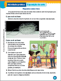 Imagem: Ilustração. Exemplifica como será a seção Atividade prática. Página dupla composta por textos e imagens. Fim da imagem.