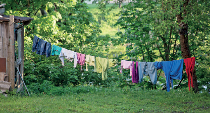 Imagem: Fotografia. Vista geral com grama e árvores com folhas verdes. Ao centro, um varal com dezenas de roupas penduradas de diversas cores: azul, branco, rosa, roxo e vermelho. O varal está preso em haste fina à esquerda e à direita, árvore.  Fim da imagem.