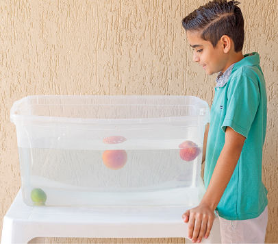 Imagem: Fotografia. Um menino em pé de frente para uma tigela transparente com muita quantidade de água com três esferas dentro. Uma esfera verde, na parte inferior à esquerda e à direita, outras duas esferas em vermelho flutuando. O menino tem pele morena, cabelos pretos penteados para o lado, com camiseta de cor verde-claro e bermuda em branco. Fim da imagem.