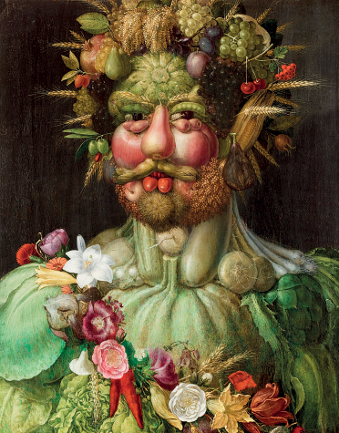 Imagem: Pintura. Vista de busto de uma pessoa com o corpo formado com legumes de cor verde, verduras e frutas. Na Superior, vê-se cachos de uvas de cor roxa e outros cachos de uvas verdes, cerejas vermelhas. Nos cabelos, folhas de trigo de cor bege e na orelha direita, uma espiga de milho amarela. Nas sobrancelhas, folha de trigo. Mais abaixo, sobre o peitoral, folhas de pétalas em rosa, branca, amarela e laranja, com vegetais verdes.  Fim da imagem.