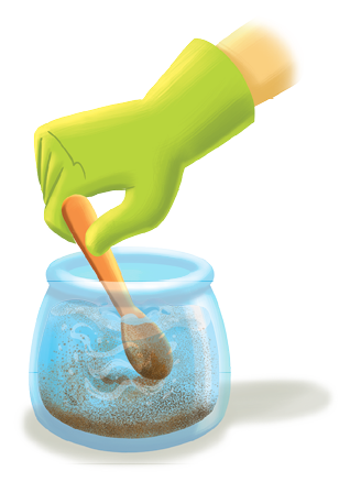 Imagem: Ilustração. Mão de pele clara, com luva verde, segurando uma colher laranja dentro do frasco com água e terra marrom.  Fim da imagem.