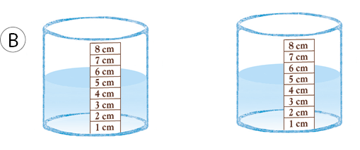 Imagem: Ilustração B. Dois recipientes redondos, transparentes com numeração de centímetros de 1 à 8. Dentro do recipiente à esquerda, até 4 centímetros. No recipiente da direita, o mesmo tanto de água dentro.  Fim da imagem.