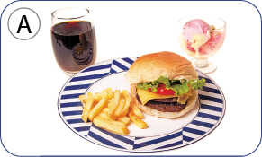 Imagem: Fotografia A. Um prato redondo em branco e azul, com um sanduiche com hamburguer dentro, queijo, tomate e salada, com batatas fritas à esquerda. Ao fundo, à esquerda, copo transparente com refrigerante marrom e à direita, taça de sorvete de cor rosa.  Fim da imagem.