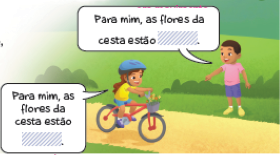 Imagem: Ilustração. Em um local aberto, solo de cor bege-claro, menina morena com cabelos castanhos para trás, com camiseta amarelo, com bermuda azul, com sapatos cinzas e capacete de cor azul, sobre bicicleta vermelha com pneus cinzas. Ela diz:  Para mim, as flores da cesta estão _____. Mais ao fundo, local com vegetação verde e uma árvore vista parcialmente à direita e um menino. Ele tem pele morena, cabelos castanhos, com camiseta rosa, bermuda azul e sapatos amarelos, com o braço esquerda para frente. Ele diz:  Para mim, as flores da cesta estão _______.  Fim da imagem.