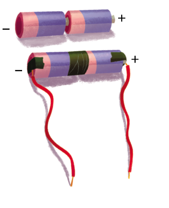 Imagem: Ilustração. Duas pilhas na horizontal. Na parte superior, forma arredondada de cor lilás, com faixa em bege, com a ponta esquerda sinal negativo e à direita, sinal positivo.   Na parte inferior, o mesmo tipo de pilha com fita isolante à esquerda, ao centro e à direita. Em cada ponta, fio fino vermelho na vertical.  Fim da imagem.