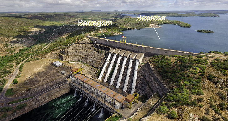 Imagem: Fotografia. Vista geral de lugar com uma represa grande à direita, em um nível alto, contornando, muro na horizontal cinza:  Barragem, passando pela estrutura, desce por canos grossos, em local com o nível mais baixo, para à esquerda. Perto dos canos, estruturas em cinza e nas bordas, local com vegetação rasteira em verde e solo marrom. Na parte superior, céu azul com nuvens.  Fim da imagem.