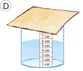 Imagem: Ilustração D. Recipiente descrito anteriormente com água dentro, com um pedaço quadrado de papel marrom, inteiro.  Fim da imagem.