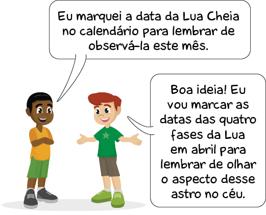 Imagem: Ilustração. À esquerda, um menino negro de cabelos pretos, com camiseta de cor laranja, bermuda verde e sapatos em cinza-escuro. Ele está de braços cruzados e diz:  EU MARQUEI A DATA DA LUA CHEIA NO CALENDÁRIO PARA LEMBRAR DE OBSERVÁ-LA ESTE MÊS. De frente para ele, menino de cabelos ruivos, com camiseta em verde-escuro, sapatos em verde-claro e bermuda em cinza, com os braços abertos, diz:  BOA IDEIA! EU VOU MARCAR AS DATAS DAS QUATRO FASES DA LUA EM ABRIL PARA LEMBRAR DE OLHAR O ASPECTO DESSE ASTRO NO CÉU.  Fim da imagem.