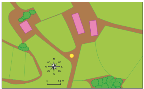 Imagem: Ilustração. Planta vista do alto. Local com grama de cor verde-claro, com solo em marrom, com um retângulo rosa à esquerda perto de círculos em verde e à direita, outros dois retângulos rosa. À frente, no local de cor marrom, círculo de cor amarelo. Na ponta inferior, à direita, entre solo verde-claro, amontoados de árvores.  Na parte inferior, rosa dos ventos com os sentidos: N, NO, O, SO, S, SE, L, NE. Abaixo, escala de 0 a 14 m. Fim da imagem.