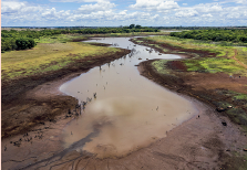 Imagem: Fotografia. Vista do alto de local com rio de cor marrom-claro, com as bordas em marrom-escuro. À esquerda e à direita, local com grama de cor verde-claro. No alto, céu em azul-claro com nuvens brancas. Fim da imagem.