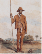 Imagem: Pintura. Um homem em pé, segurando uma vara de madeira na vertical na mão esquerda da mão, de pele morena, com chapéu e terno em marrom, olhando para o lado. Ao fundo, local com vegetação e folhas verdes.  Fim da imagem.