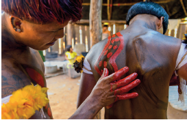 Imagem: Fotografia. À esquerda, vista parcialmente de um indígena de pele morena, cabelos pretos lisos, com plumas de cor amarela no braço, com os dedos com tinta vermelha passando nas costas de um indígena visto de costas. Há pintura em preto na vertical, com contorno e bolinhas em vermelho, na parte esquerda da costa. Ele tem pela morena, cabelos pretos lisos, panos brancos nos ombros. Ao fundo, desfocado, hastes de madeira e paredes com palhas.  Fim da imagem.