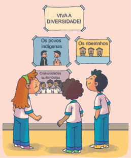 Imagem: Ilustração. À frente, três crianças vistas de costas, de frente para uma parede com cartazes colados. De cima para baixo, os seguintes cartazes: Cartaz de cor bege-claro com texto: VIVA A DIVERSIDADE! Cartaz de cor azul-claro com ilustração de dois homens e texto: OS POVOS INDIGENAS Cartaz em marrom com ilustração de três crianças e texto: COMUNIDADES QUILOMBOLAS. Cartas em amarelo com ilustração de três casas marrons e texto: OS RIBEIRINHOS.   Fim da imagem.