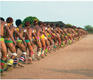 Imagem: Fotografia. Lugar aberto com solo de cor marrom-claro, com pessoas dançando uma atrás, fazendo passos de dança. Eles são morenos com cabelos castanhos em castanho-escuro e outros em castanho em mais claro. Eles usam pano na cintura em verde, amarelo, com panos coloridos também no joelho e no tornozelo em verde, amarelo, branco, azul e vermelho. Sobre a cabeça de alguns deles, uma coroa de penas. Em segundo plano, à esquerda, árvores de folhas verdes e vista parcial de ponta superior em marrom. No alto, céu em azul-claro. Fim da imagem.