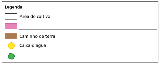 Imagem: Legenda:  _________ área de cultivo Em rosa: _____________ Em marrom: Caminho de terra Círculo amarelo: Caixa d’água Forma de folhas em verde: _____________.  Fim da imagem.