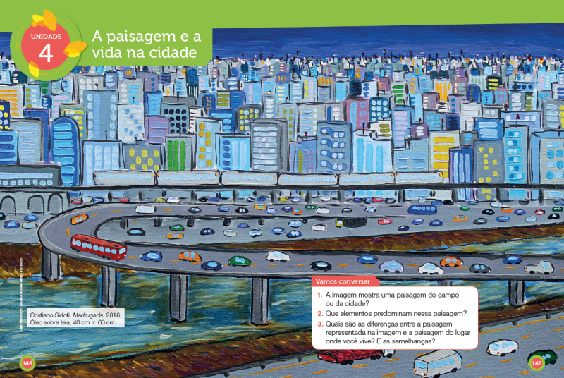 Imagem: Pintura. Vista do alto de local com ponte grande por onde há rua de cor cinza, com hastes finas na vertical, por onde passam carros e um ônibus de cor vermelha. Abaixo, rio de cor azul-claro e em segundo plano, cidade composta por centenas de prédios baixos, médios e altos. A maioria tem muitas janelas, algumas amarelas. Debaixo do viaduto, ruas por onde passam outras dezenas de carros de cores diferentes e o rio com água-azul-claro. No alto, céu azul-escuro. Fim da imagem.