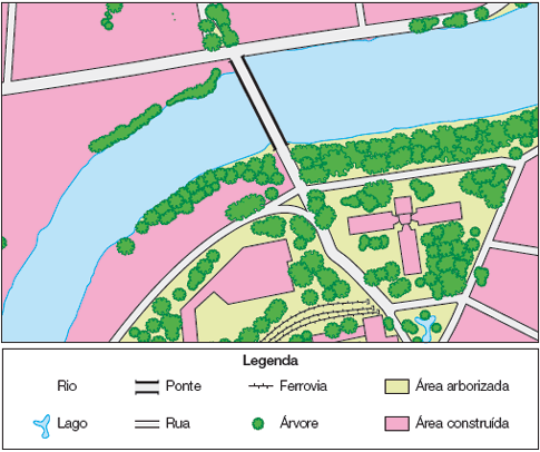 Imagem: Ilustração. Planta de cidade vista do alto. Legenda:  Parte branca: Rio Parte em azul-claro: Lago Parte com contorno em preto mais escuro: Ponte Parte com contorno em preto mais fino: Rua Linhas com partes diferentes em preto: Ferrovia Forma arredondada em ver: árvore Parte em cor bege: área arborizada Parte em cor rosa: área construída   Na parte inferior, locais com ruas, áreas construídas entre quadras com áreas arborizada. Na ponta inferior à esquerda, três linhas de ferrovias. Mais acima, lago de cor azul-claro, com ponte passando, ligando outro local com rua, área construídas e árvores.   Fim da imagem.