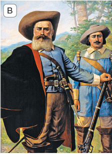 Imagem: Pintura B. Em um local aberto com vegetação e árvores, dois homens vistos de perfil. À esquerda, homem visto dos joelhos para cima, de pele clara, cabelos e barba grisalhos, bigode mais escuro, usando camisa de mangas compridas em azul, com gola e mangas em branco. Calça marrom e botas altas em marrom-escuro. Sobre o ombro esquerdo, capa de cor preta e parte interna em laranja. Ele segura na mão direita, uma arma marrom de cano comprido. Mais ao fundo, homem de pele clara, cabelos curtos e bigode escuro, com blusa de mangas compridas em azul-claro, com detalhes na gola e manga, com calça bege e botas de cano alto marrom. Ambos têm cinto na cintura, o da frente com um facão pendurado e outro com uma espada. Em segundo plano, árvores e vegetação. No alto, céu em azul-claro e morros.  Fim da imagem.