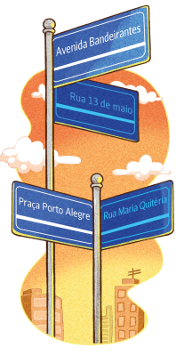 Imagem: Ilustração. Dois postes na vertical de cor cinza, com duas placas de cor azul, com nome da rua em branco. No alto, poste com duas placas indicando duas ruas: Avenida Bandeirantes e outra: Rua 13 de maio. Mais abaixo, em outro poste, duas placas indicando outras duas ruas: Praça Porto Alegre e outra: Rua Maria Quitéria. Em segundo plano, vista parcial de prédios e céu em laranja, com nuvens brancas.  Fim da imagem.