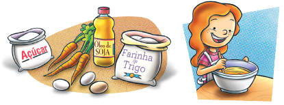 Imagem: Ilustração. Ingredientes: um pacote de cor branca, com açúcar dentro; três cenouras de cor laranja; uma garrafa de plástico com óleo em amarelo dentro; um pacote de farinha de trigo de cor branca. Mais abaixo, três ovos redondos. À direita, Leticia, menina de pele clara, cabelos ruivos, com camiseta rosa e avental cinza-claro, de frente para mesa, com uma bacia em cinza e massa dentro de cor amarela.  Fim da imagem.