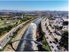 Imagem: Fotografia. Vista do alto de local com rio ao centro de cor marrom, com partes em branco. Sobre o rio, ponte com a forma arredondada, com borda com vegetação rasteira em verde, com árvores dom folhas verdes. Nas extremidades, à esquerda e à direita, estrada de cor cinza por onde passam automóveis. Em segundo plano, local arborizado e outras ruas cinzas à direita. Em terceiro plano, ao fundo, prédios e moradias da cidade. No alto, céu em azul-claro, sem nuvens.  Fim da imagem.