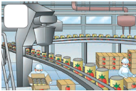 Imagem: Ilustração. Vista do alto de local com haste fina de cor cinza e esteiras finas por onde passam embalagens de molho de tomate de cor amarela com tomate vermelho. Ao fundo, à direita, pessoa de pele clara, com touca, máscara no rosto e blusa de mangas compridas em branco.  Fim da imagem.