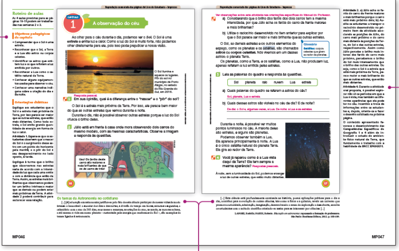 Imagem: Ilustração. Exemplifica como será página de conteúdo do livro. Página dupla composta por textos, imagens e conteúdo para o professor. Fim da imagem.