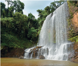 Imagem: Fotografia. Uma queda d’ água com rochas em marrom-claro com água caindo formando pequenas gotículas brancas, sobre pedras em marrom e mais à frente, água em tons de marrom. À esquerda, muitas árvores com folhas de cor verde. No alto, céu em azul-claro.  Fim da imagem.