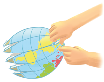 Imagem: Ilustração. Mãos de uma pessoa de pela clara, segurando os moldes descritos anteriormente, formando uma esfera, juntando-se os continentes, oceanos e mares e na parte inferior, à esquerda, ponta fina em cinza.  Fim da imagem.
