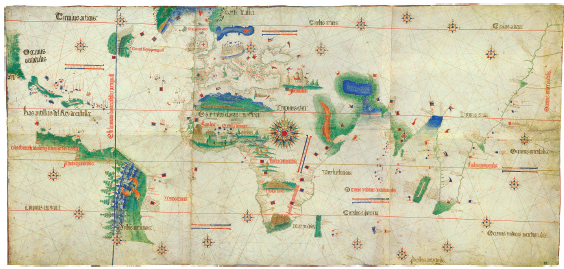 Imagem: Ilustração. Papel de cor bege-claro com continentes em tons de bege, verde e marrom. Ao centro, vê-se em linhas claras o continente europeu, asiático e ao centro, africano. À esquerda, partes em verde costeira das américas.  Fim da imagem.