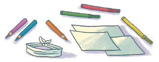Imagem: Ilustração. Elementos do experimento: um pano branco com nó atrás; três lápis de cor: lilás, azul, laranja e três canetas coloridas: verde, rosa e amarelo e três folhas brancas.  Fim da imagem.