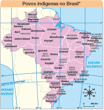 Imagem: Ilustração. Mapa. Povos indígenas no Brasil. Rosa dos ventos com os sentidos: N, NO, O, SO, S, SE, L, NE. Escala de 0 – 450 km  Roraima: Macuxi, Wapichaná, Yanomami  Amazonas: Yanomami, Baniwa, Kokama, Baré, Sateré Mawé, Ticuna, Munduruku. Pará: Guarani, Munduruku, Kayapó. Acre: Kaxinawá. Rondônia: Apurinã. Mato Grosso: Apurinã, Terena, Xavante, Kayapó. Mato Grosso do Sul: Terena. Tocantins: Guarani. Maranhão: Guajajara. Ceará: Potiguara, Tapeba. Rio grande norte: Potiguara. Paraiba: Potiguara. Pernambuco: Pankararu. Bahia: Pataxo, Atilkum. Distrito Federal: Karajá. Minas Gerais: Xakriabá, Pataxó. Espírito Santo: Guarani. Rio de Janeiro: Guarani.  São Paulo: Guarani, Terena, Kaingang. Paraná: Guarani, Kaingang. Santa Catarina: Guarani. Rio Grande do Sul: Kaingang.  A costa brasileira, à direita, para o Oceano Atlântico.   Fim da imagem.