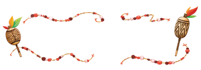 Imagem: Ilustração. À esquerda e à direita, maracá, instrumento descrito anteriormente, com plumas na parte superior coloridas. Na parte superior e inferior, pulseiras com miçangas de cor laranja, branca e marrom.  Fim da imagem.