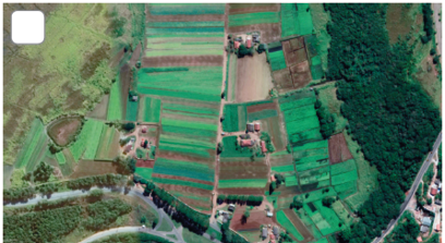 Imagem: Fotografia. Vista do alto de local com vegetação verde, rasteira, com parte à direita com árvores de folhas em verde-escuro. Ao centro, poucas casas de telhados de cor marrom.  Fim da imagem.