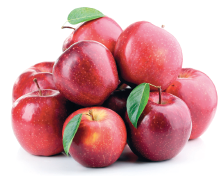 Imagem: Fotografia. Dezenas de maçãs vermelhas, três delas estão com folhas verde na parte superior.  Fim da imagem.