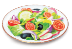 Ilustração. Um prato branco redondo com salada com folhas em verde, rodelas de tomate vermelho.