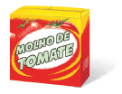 Ilustração. Uma caixa de cor vermelha, com detalhes em amarelo. Texto: Molho de tomate. 