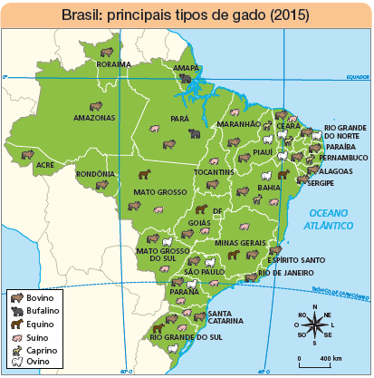 Imagem: Ilustração. Mapa. Brasil: principais tipos de gado (2015).  Rosa dos ventos com os sentidos: N, NO, O, SO, S, SE, L, NE. Escala: 0 – 400km  Legenda:  Um boi de cor marrom: bovino Um búfalo de cor preta: bufalino Um cavalo marrom: equino Um porco rosa-claro: suíno Cabra de cor bege: caprino Ovelha branca: ovino  Roraima: Bovino Amazonas: Bovino Acre: Bovino Rondônia: Bovino Amapá: Bufalino Para: Suíno, Bovino e bufalino Mato Grosso: Equino, Bovino e suíno Mato grosso do sul: Bovino, ovino e suíno.  Maranhão: suíno e Bovino Tocantins: suíno e Bovino Goiás DF: Cavalo, bovino e suíno Ceara: Bovino e suíno, ovino e caprino Piauí: caprino, ovino e bovino Rio grande do norte: Bovino e ovino Paraíba: Bovino Pernambuco: caprino, bovino e ovino Alagoas: bovino Sergipe: Bovino Bahia: Equino, ovino, bovino, caprino e suíno Minas Gerais: suíno, equino e bovino Espírito do santo: Bovino Rio de janeiro: Bovino São Paulo: Bovino, ovino e suíno Paraná: Bovino e ovino Santa Catarina: suíno e bovino Rio grande do Sul: Equino, bovino, suíno e ovino.  Fim da imagem.